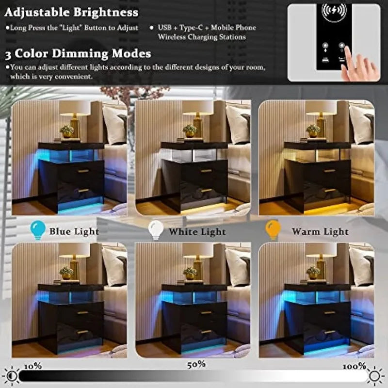 Auto LED Nightstand with Wireless Charging Station & USB Ports,High Gloss Bedside Tables with 2 Drawers,Floating Nightstand