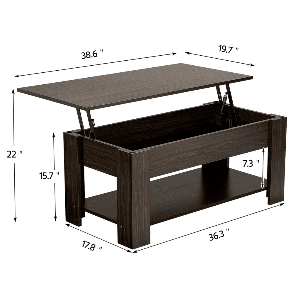 38.6-Inch Rectangle Wooden Lift Top Coffee Table with Lower Shelf