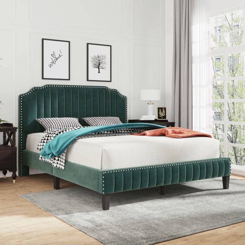 Queen Size bed,Curved Upholstered Platform Bed with Solid Wood Frame