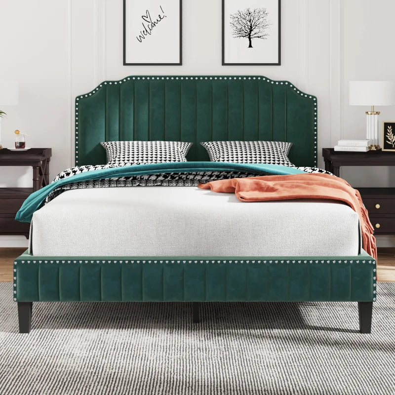 Queen Size bed,Curved Upholstered Platform Bed with Solid Wood Frame