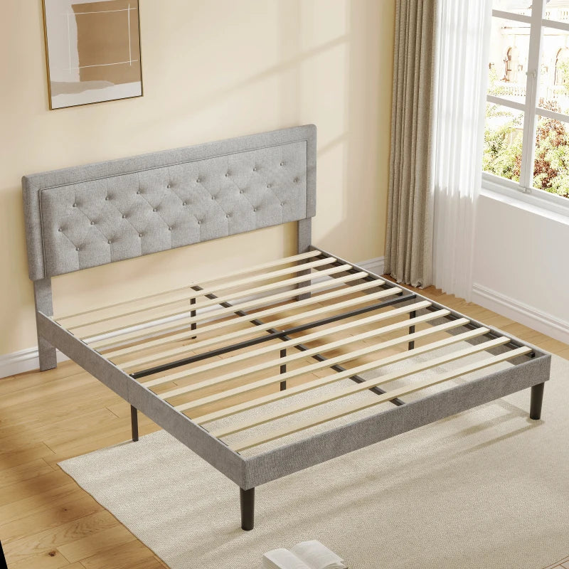 Light Grey Bed Frame with Adjustable Border Headboard King/Queen/Full Size，