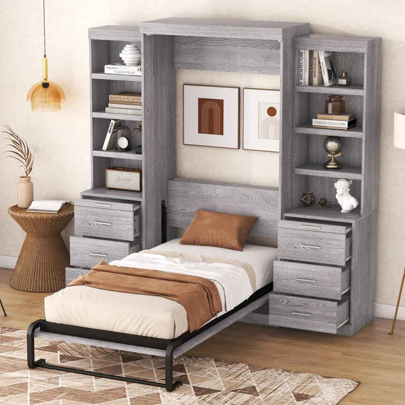 Gray Twin Size Murphy Bed with Storage Shelves and Drawers