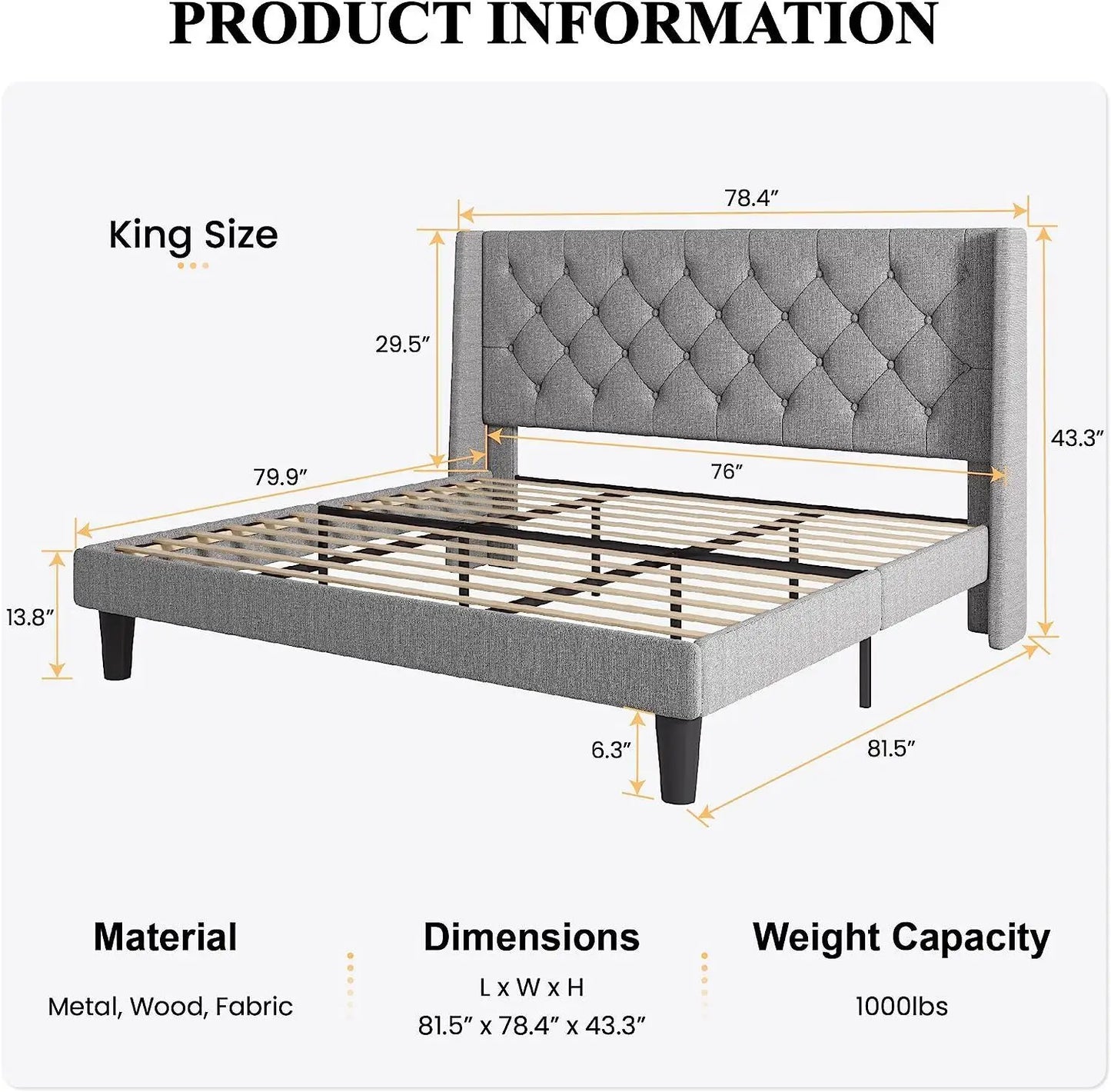 King/Queen/Full Size Platform Bed Frame with Upholstered Headboard