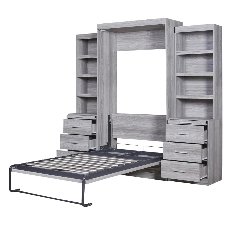 Gray Twin Size Murphy Bed with Storage Shelves and Drawers