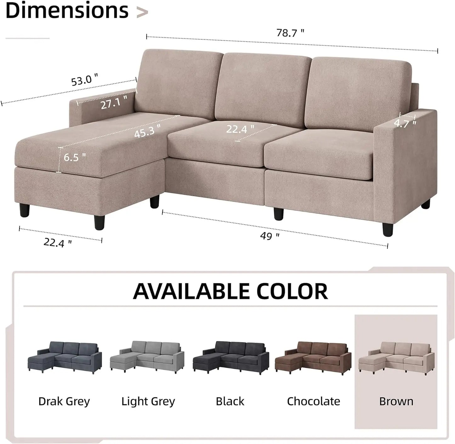 Convertible Sectional Sofa, Modern Linen Fabric L-Shaped , 3-Seat Sofa