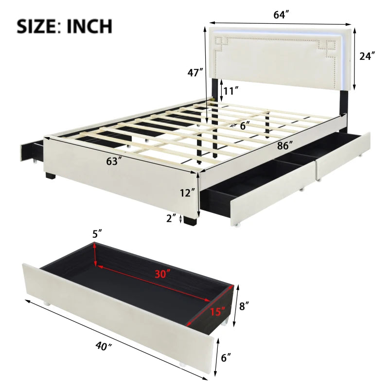 Queen Size padded platform bed with LED lights, rivet decorated headboard, double bed for adults and teenagers, with drawers