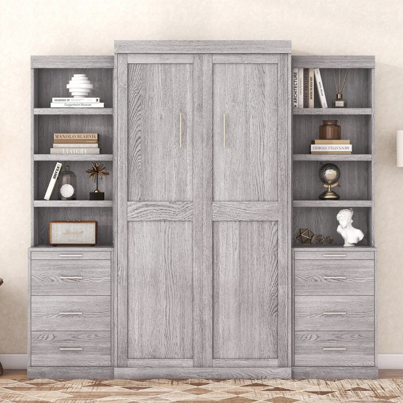 Gray Twin Size Murphy Bed with Storage Shelves and Drawers