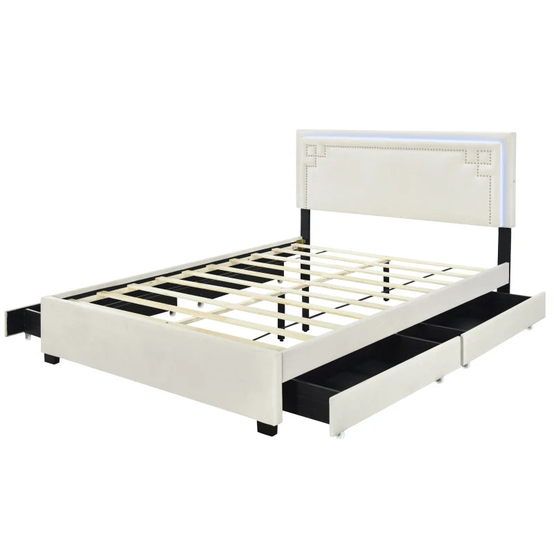 Queen Size padded platform bed with LED lights, rivet decorated headboard, double bed for adults and teenagers, with drawers