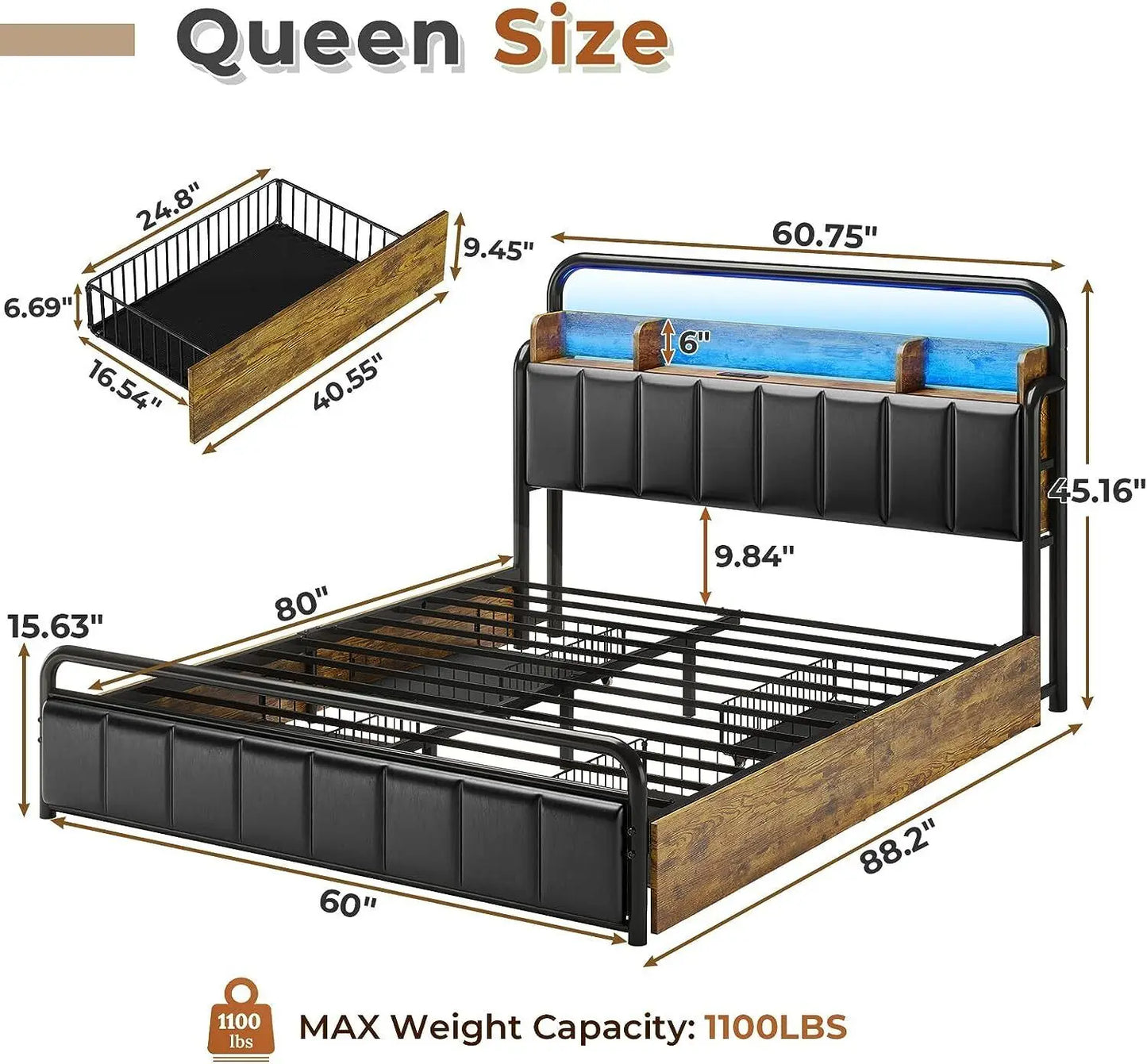 Queen Frame with 4 Storage Brown Queen bed suitable for bedroom