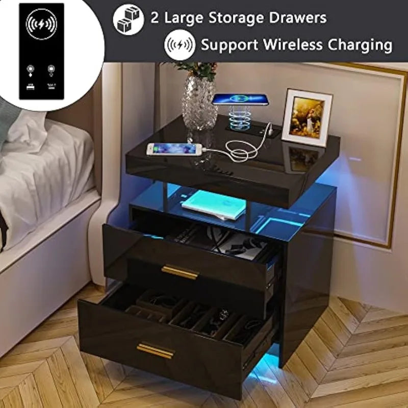 Auto LED Nightstand with Wireless Charging Station & USB Ports,High Gloss Bedside Tables with 2 Drawers,Floating Nightstand