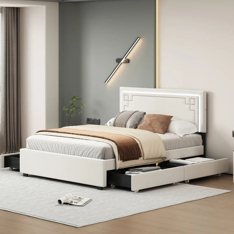 Queen Size padded platform bed with LED lights