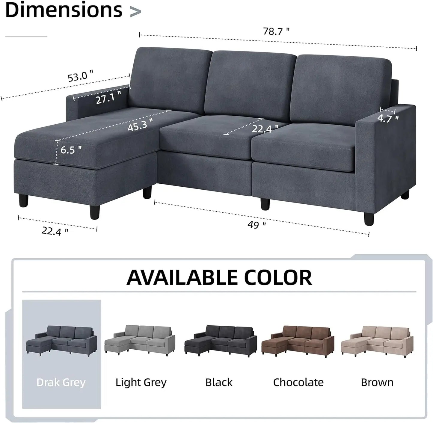 Convertible Sectional Sofa, Modern Linen Fabric L-Shaped , 3-Seat Sofa