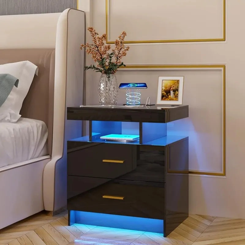 Auto LED Nightstand with Wireless Charging Station & USB Ports,High Gloss Bedside Tables with 2 Drawers,Floating Nightstand