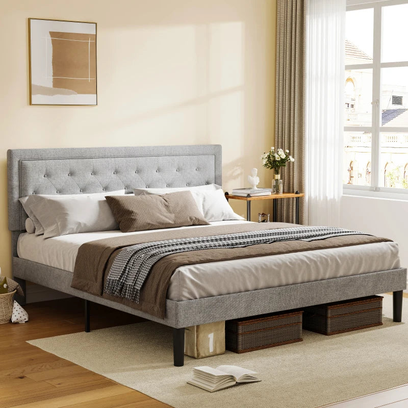 Light Grey Bed Frame with Adjustable Border Headboard King/Queen/Full Size，