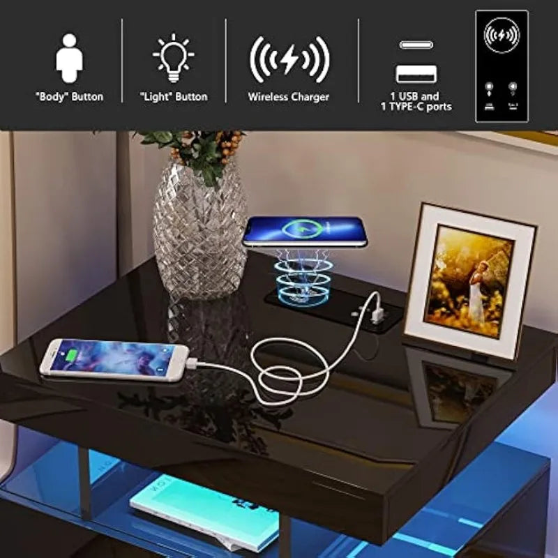 Auto LED Nightstand with Wireless Charging Station & USB Ports,High Gloss Bedside Tables with 2 Drawers,Floating Nightstand