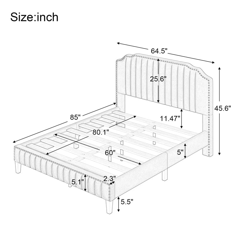 Queen Size bed,Curved Upholstered Platform Bed with Solid Wood Frame