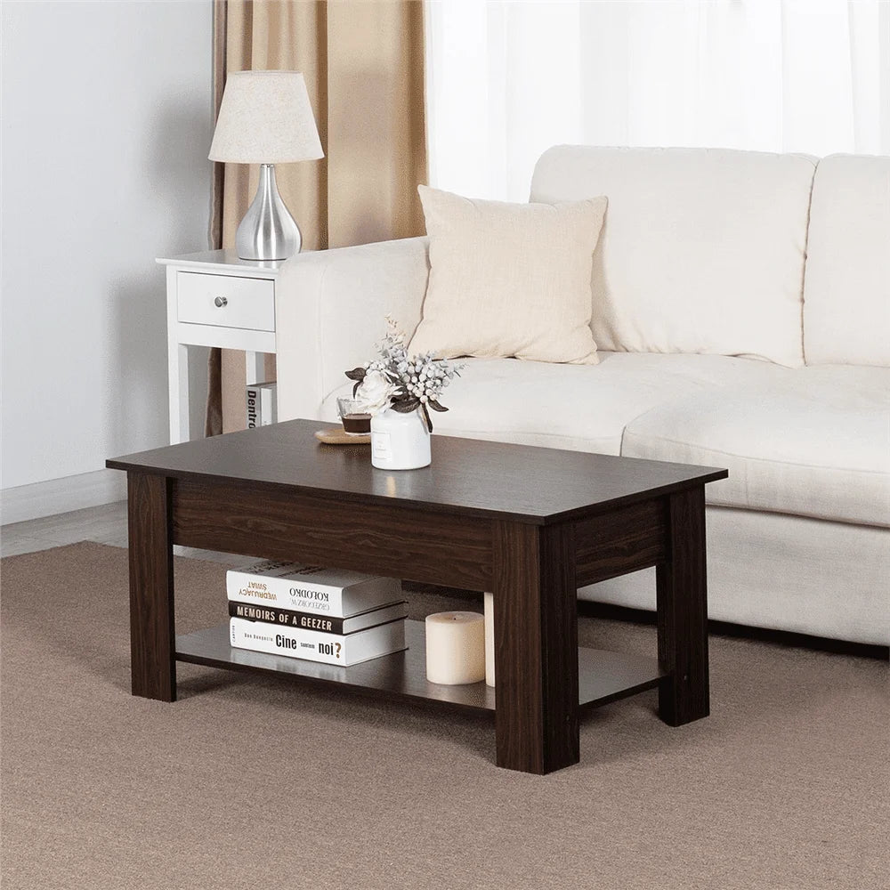 38.6-Inch Rectangle Wooden Lift Top Coffee Table with Lower Shelf