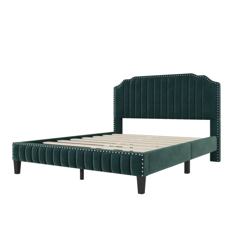 Queen Size bed,Curved Upholstered Platform Bed with Solid Wood Frame