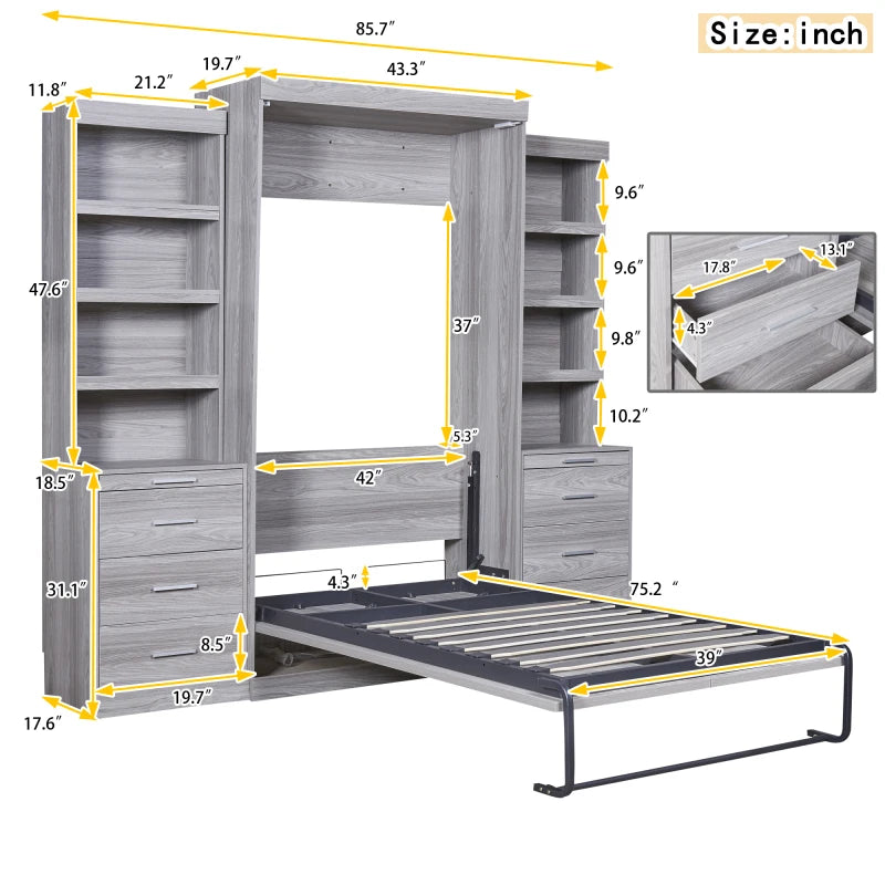 Gray Twin Size Murphy Bed with Storage Shelves and Drawers