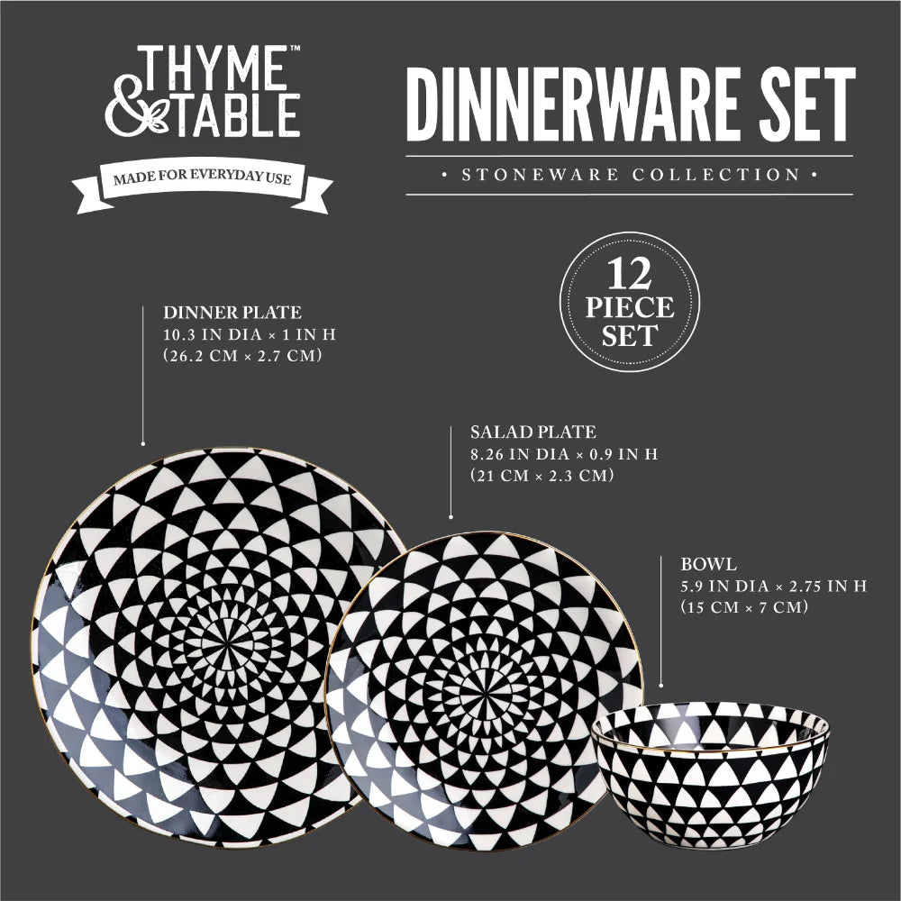 Dinnerware Black & White Medallion Stoneware, 12 Piece Set