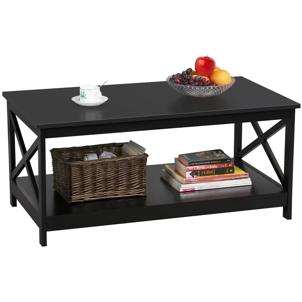 Modern Wooden X-Design Rectangle Coffee Table with Storage Shelf, Multiple Colors