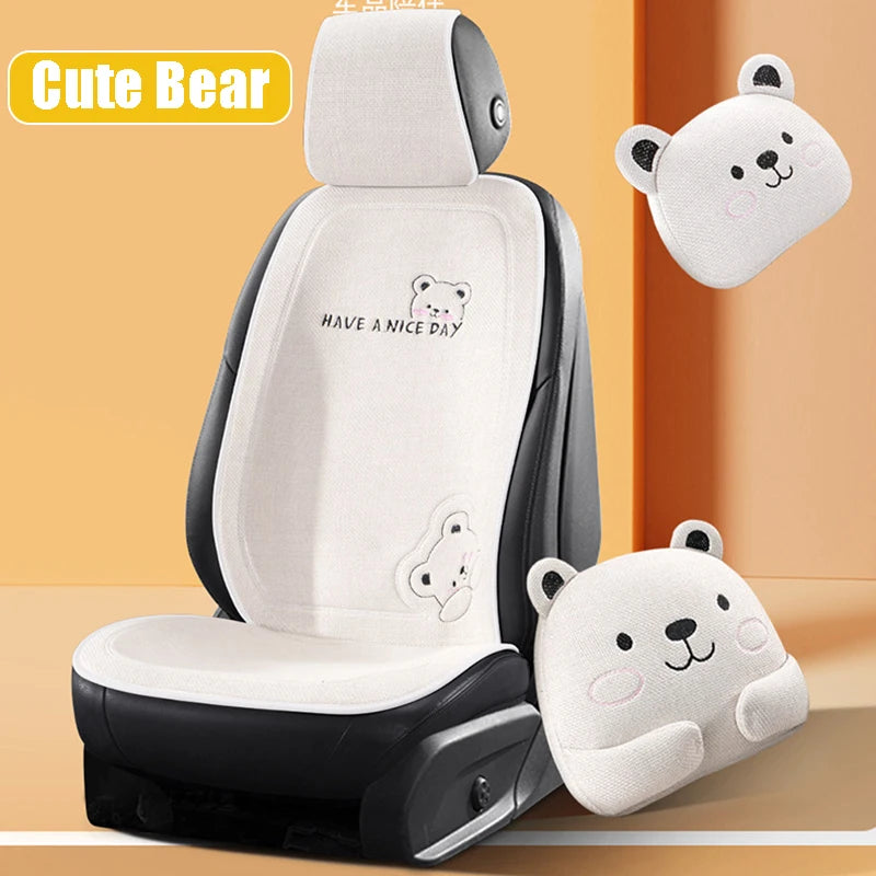 2023 Cartoon Bear Car Seat Cover Linen Breathable Auto Bottom Back Pad Dustproof Fashion Car Seat Cushion Pad Mat Universal